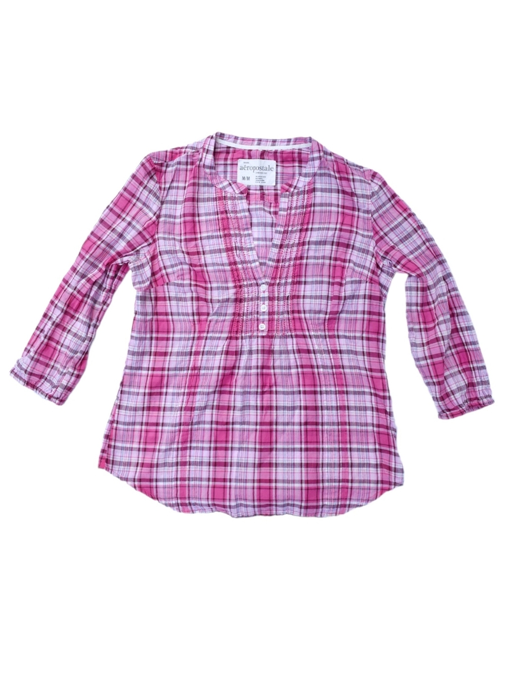 Aeropostale Junior M Pink White Plaid Three-Quarter Lightweight Cotton Shirt